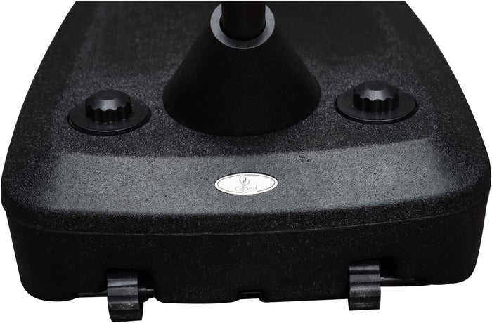 Black plastic component with a central cylindrical hole and three circular holes on a white background