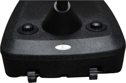 Black plastic component with a central cylindrical hole and three circular holes on a white background