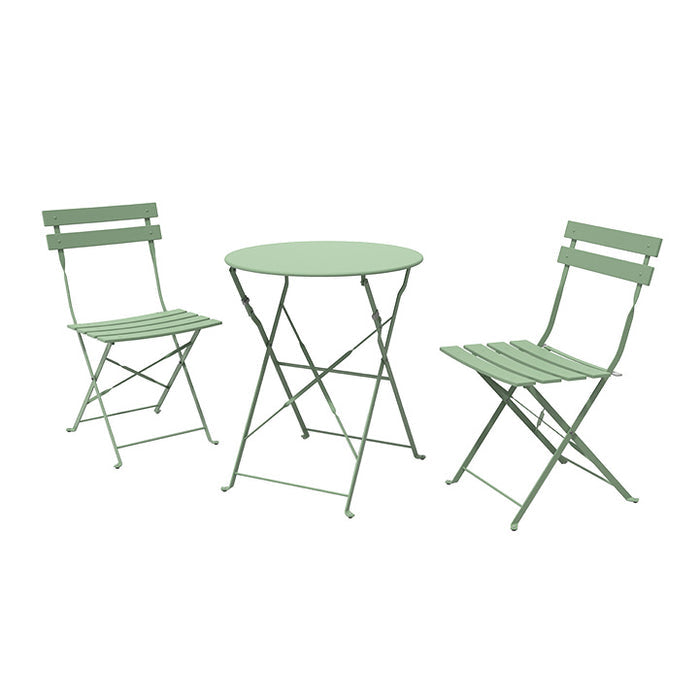 Green metal outdoor table and chairs set on a white background