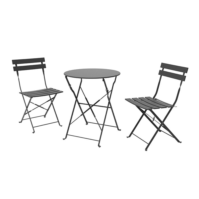 Bistro set with two folding chairs and a round table on a white background