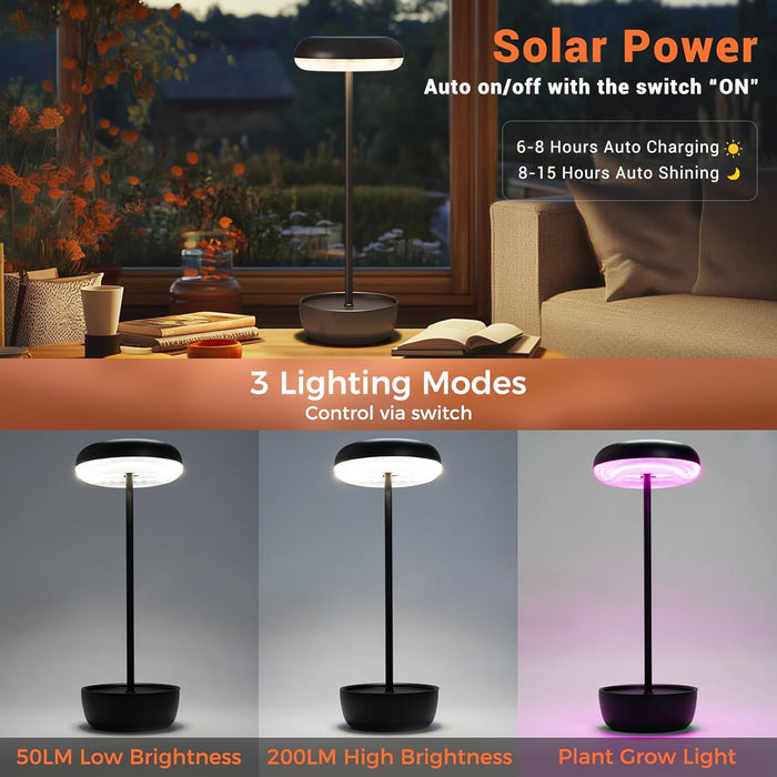 Solar-powered lamp with 3 lighting modes in a living room setting