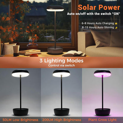 Solar-powered lamp with 3 lighting modes in a living room setting