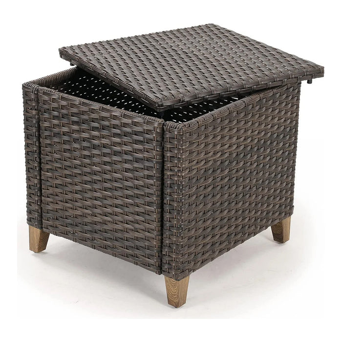 Wicker storage ottoman with a lid on a white background