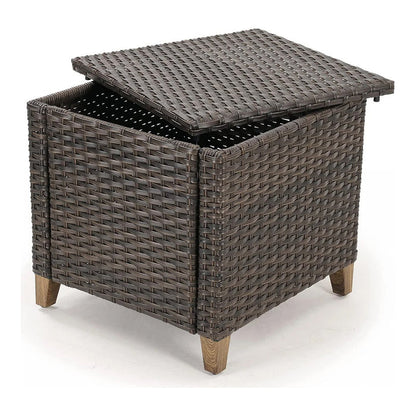Wicker storage ottoman with a lid on a white background