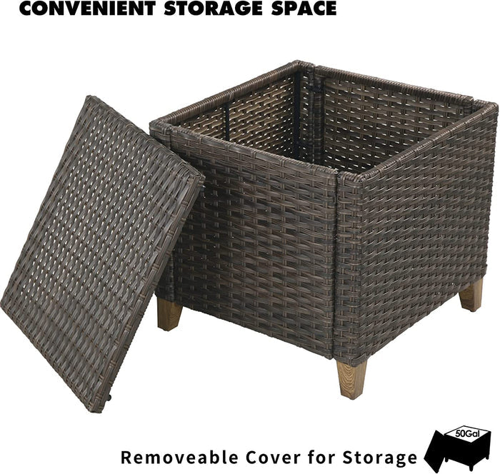 Wicker storage ottoman with a removeable cover on a white background