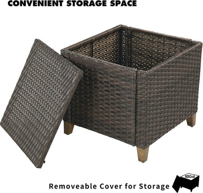Wicker storage ottoman with a removeable cover on a white background