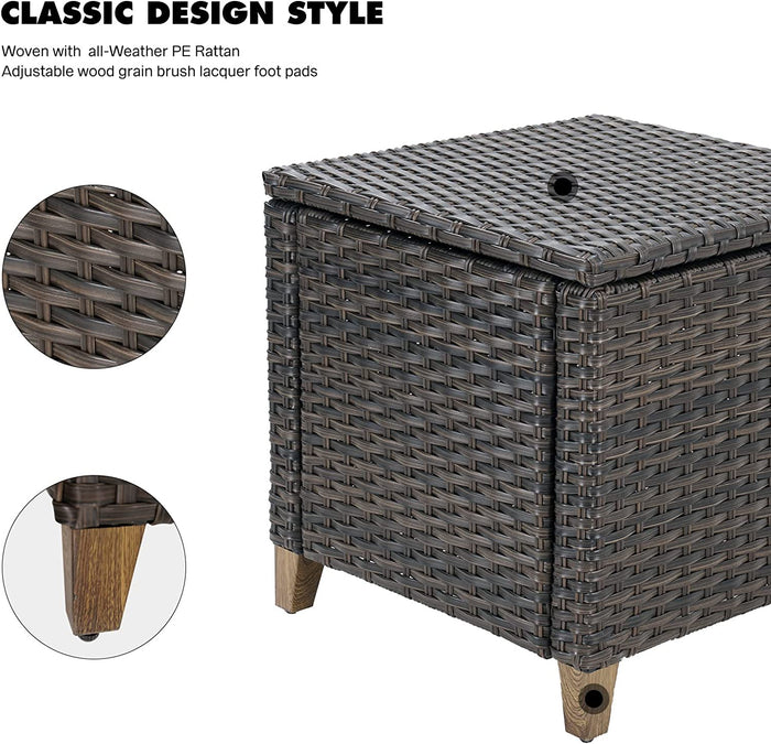 Woven outdoor storage box with rattan design and wooden feet on a white background