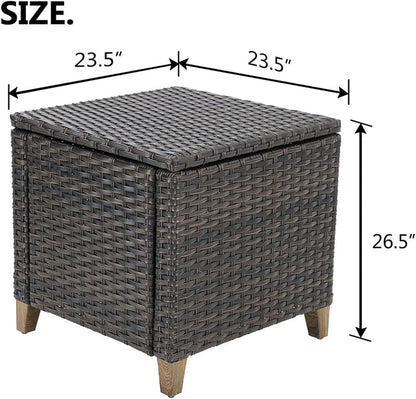 Wicker storage ottoman with dimensions labeled on a white background