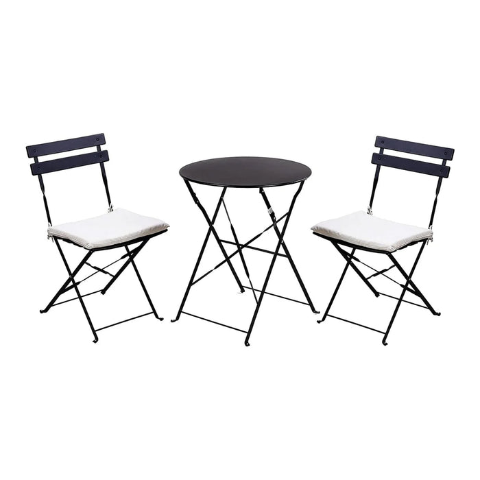 Black metal table with two matching chairs on a white background