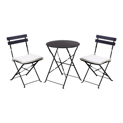 Black metal table with two matching chairs on a white background