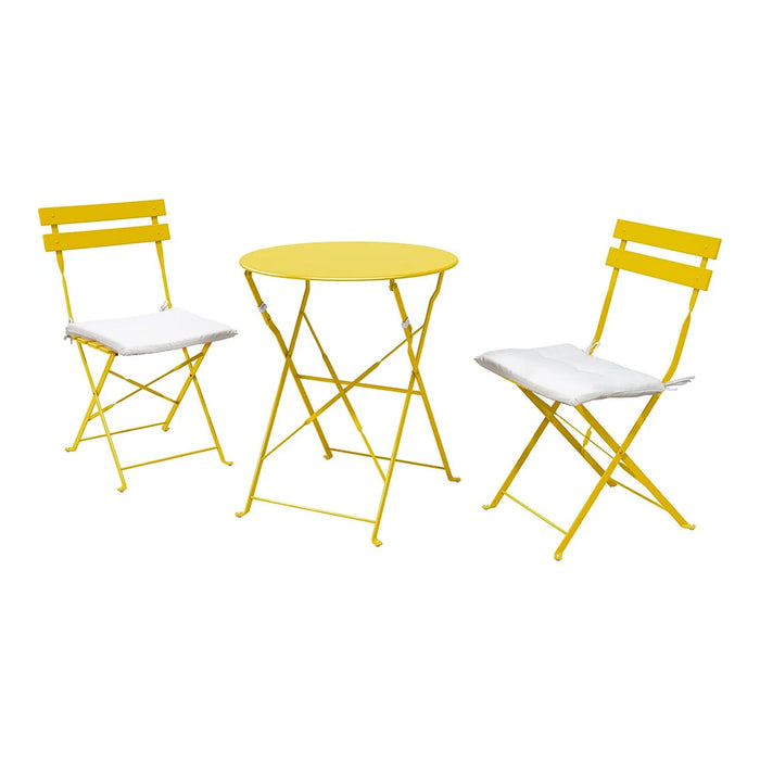 Yellow metal table and chairs with white cushions on a white background