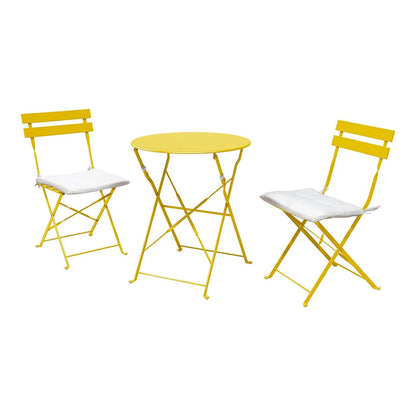 Yellow metal table and chairs with white cushions on a white background