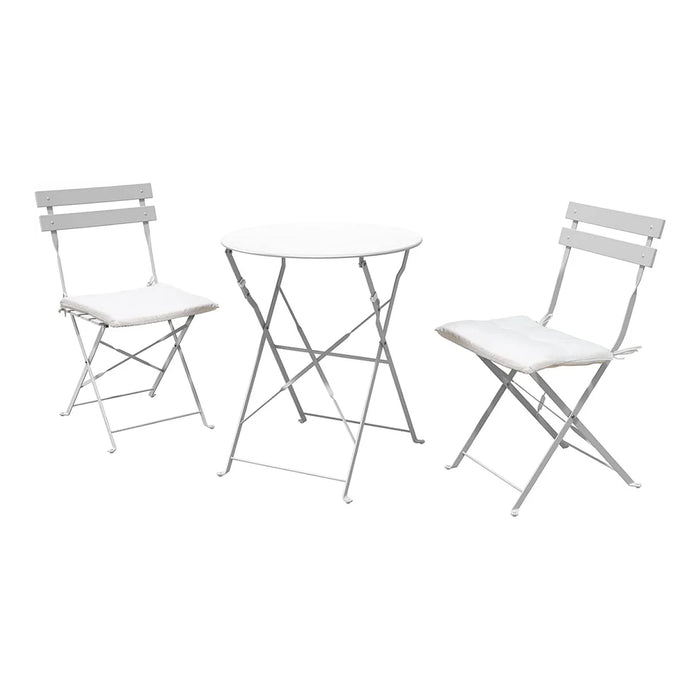 Set of two white folding chairs and a matching table on a white background
