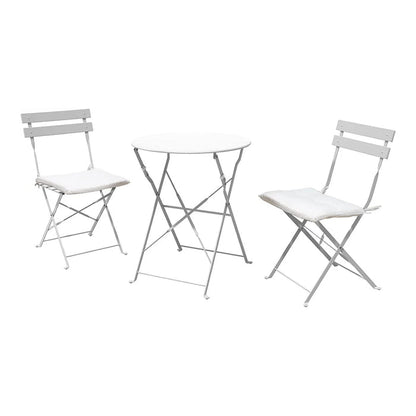 Set of two white folding chairs and a matching table on a white background