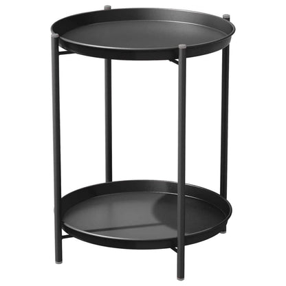 Black metal side table with two round shelves on a white background