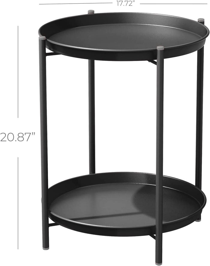 Black metal side table with two round shelves and dimensions displayed.