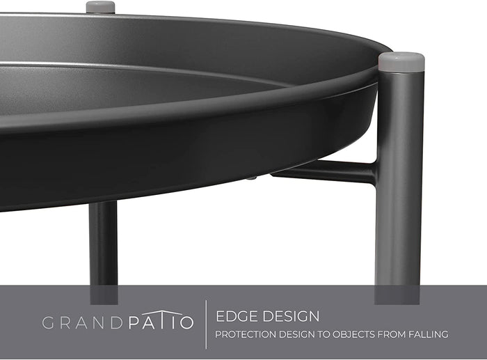 Black metal fire pit with 'GrandPatio' branding on a white background