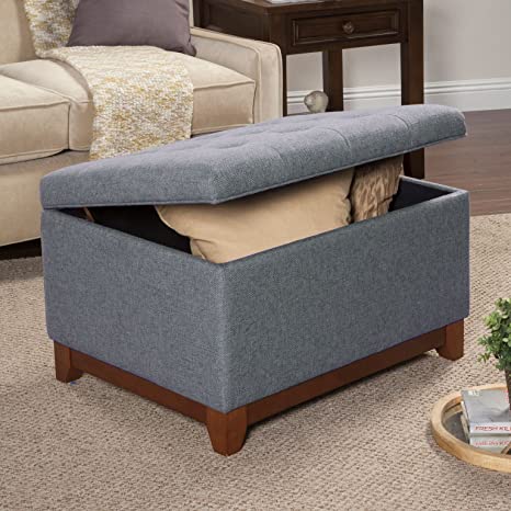 Grey Fabric Storage Ottoman with Tufted Top & Wood Legs - Modern Square Footrest Coffee Table for Living Room & Bedroom