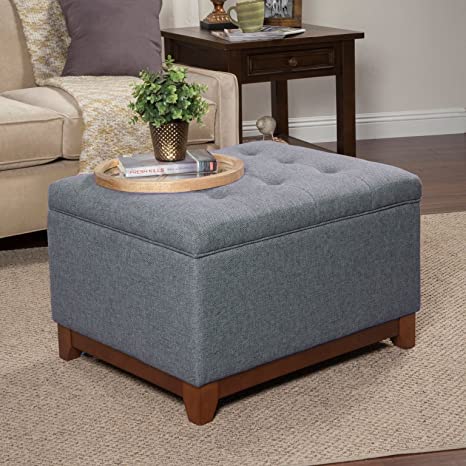 Grey Fabric Storage Ottoman with Tufted Top & Wood Legs - Modern Square Footrest Coffee Table for Living Room & Bedroom