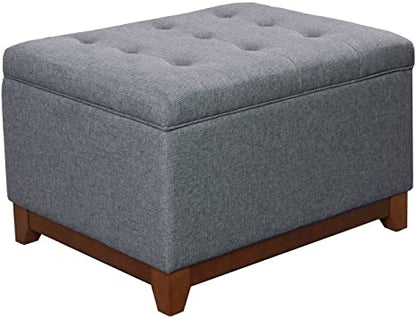 Grey Fabric Storage Ottoman with Tufted Top & Wood Legs - Modern Square Footrest Coffee Table for Living Room & Bedroom
