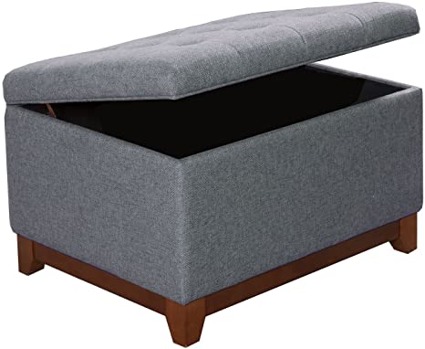 Grey Fabric Storage Ottoman with Tufted Top & Wood Legs - Modern Square Footrest Coffee Table for Living Room & Bedroom