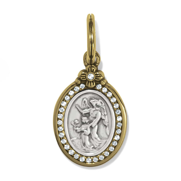 Brighton oval charm with silver angel medallion, two-tone crystal frame, and floral accent on a white background