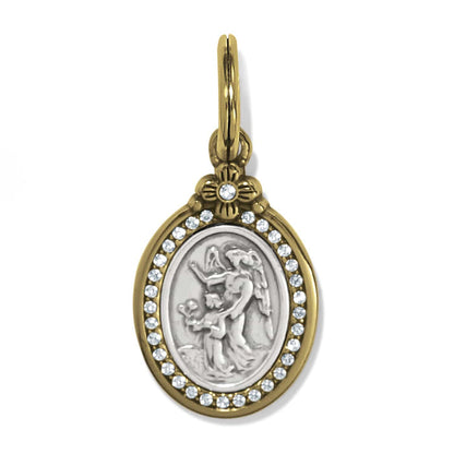 Brighton oval charm with silver angel medallion, two-tone crystal frame, and floral accent on a white background