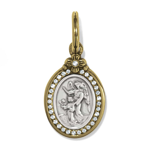 Brighton oval charm with silver angel medallion, two-tone crystal frame, and floral accent on a white background