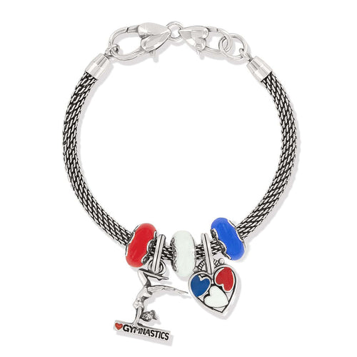 Brighton charm bracelet with red, white, and blue enamel beads, gymnastics charm, and silver-plated mesh chain on a white background