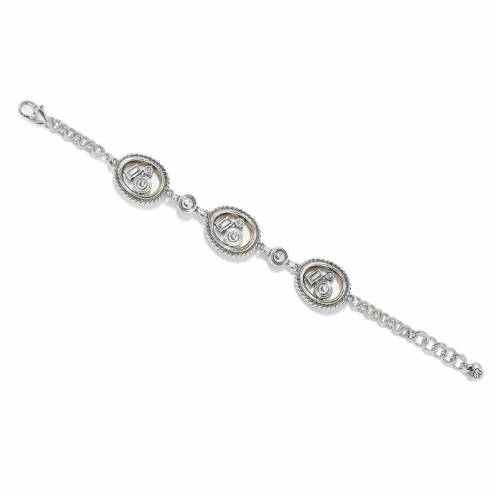 Brighton bracelet with three circular stations, crystal accents, two-tone finish, and lobster clasp on a white background