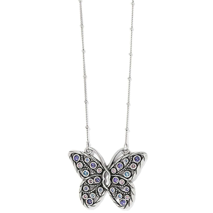 Brighton butterfly pendant necklace with purple and pink crystals on silver-plated beaded chain on a white background