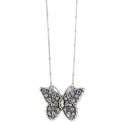 Brighton butterfly pendant necklace with purple and pink crystals on silver-plated beaded chain on a white background