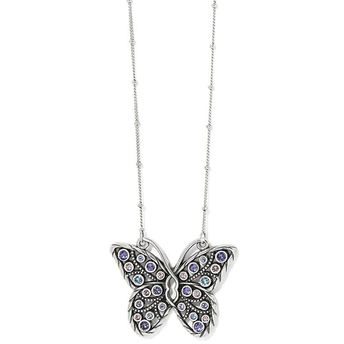 Brighton butterfly pendant necklace with purple and pink crystals on silver-plated beaded chain on a white background