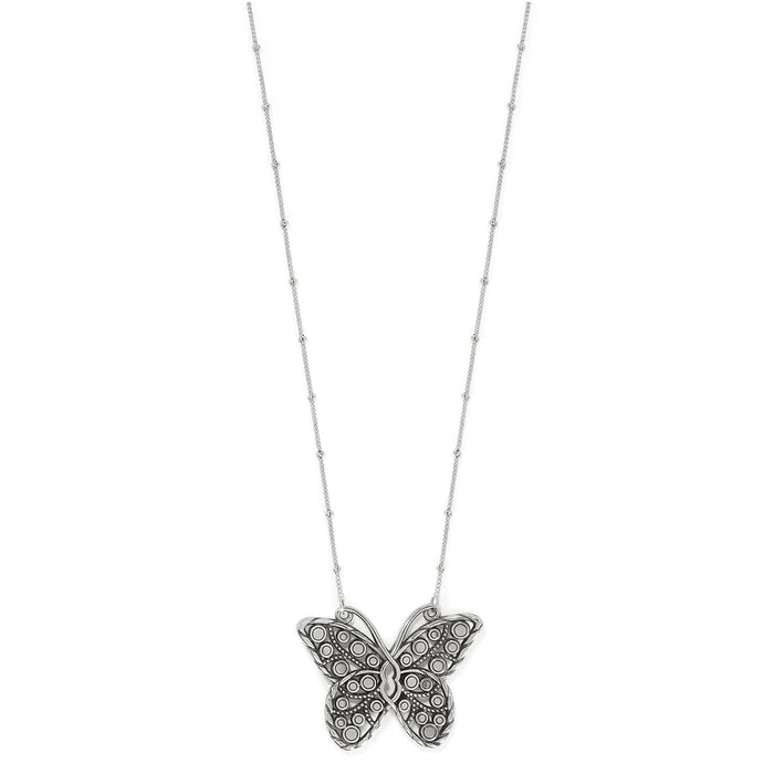 Brighton pendant necklace with silver-plated butterfly featuring detailed openwork wings on a beaded chain, on a white background