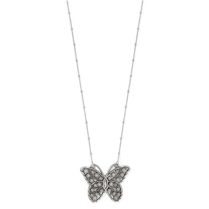 Brighton pendant necklace with silver-plated butterfly featuring detailed openwork wings on a beaded chain, on a white background