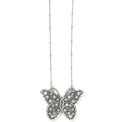 Brighton butterfly pendant necklace with silver-plated wings featuring circle and dot detailing on beaded chain on a white background