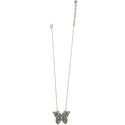 Brighton butterfly pendant necklace with multicolored crystals and silver-plated chain with beaded accents on a white background