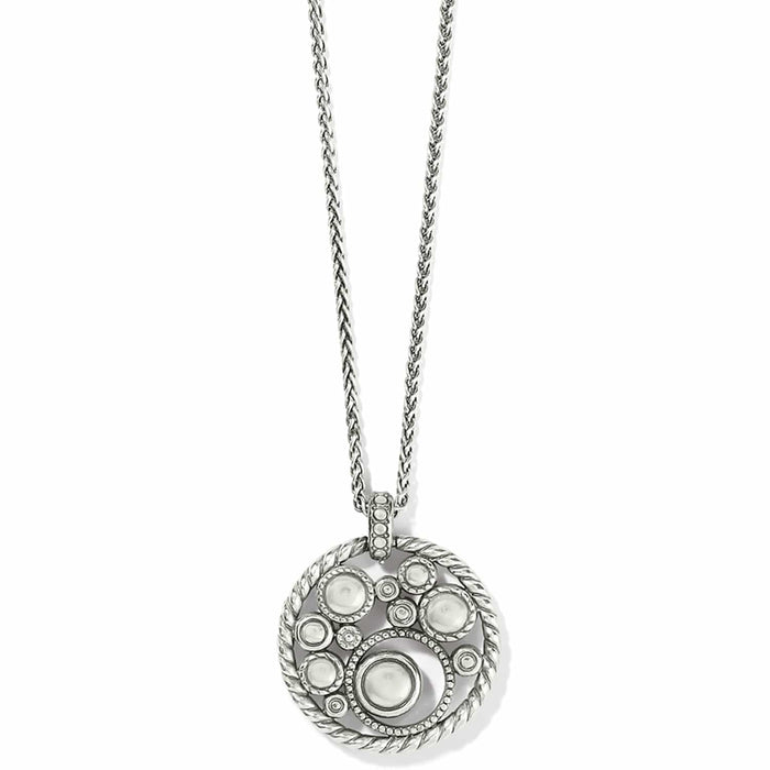 Brighton pendant necklace with silver-plated round medallion featuring crystals and rope-twist border on a white background