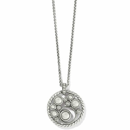 Brighton pendant necklace with silver-plated round medallion featuring crystals and rope-twist border on a white background