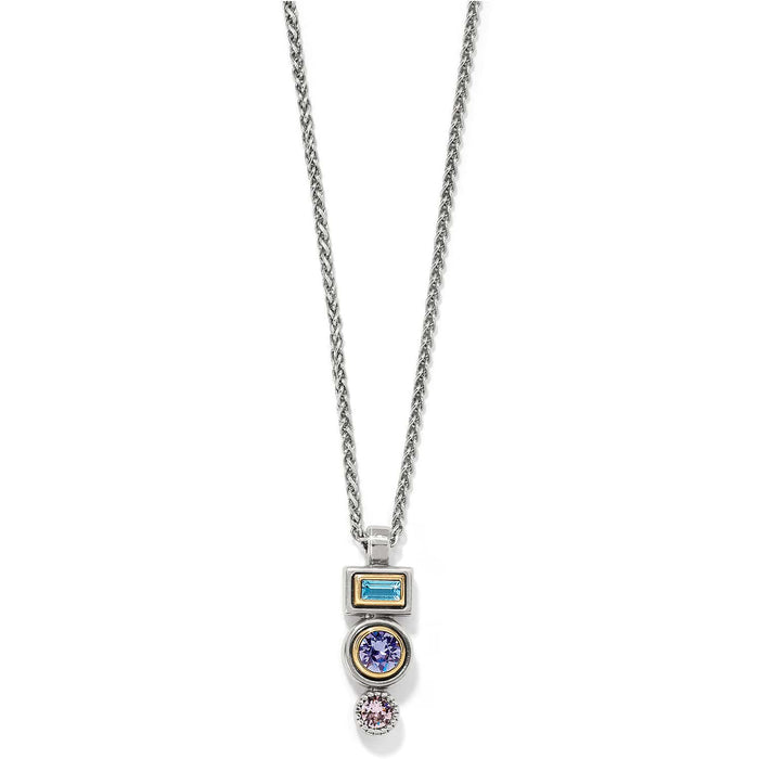 Brighton pendant necklace with blue, purple, and pink crystals in two-tone geometric setting on a white background