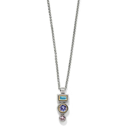 Brighton pendant necklace with blue, purple, and pink crystals in two-tone geometric setting on a white background