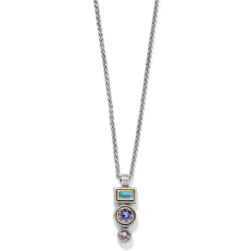 Brighton pendant necklace with blue, purple, and pink crystals in two-tone geometric setting on a white background
