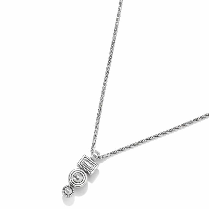 Brighton pendant necklace with stacked geometric shapes, crystal accents, and silver-tone wheat chain on a white background