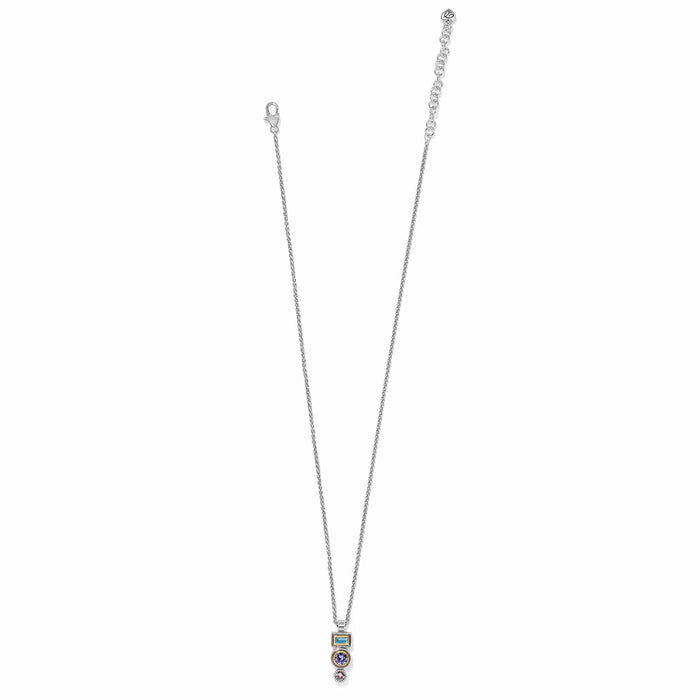 Brighton pendant necklace with blue and pink crystals in two-tone stacked setting on a white background