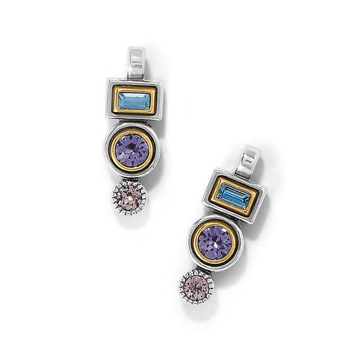 Brighton drop earrings with blue, purple, and pink crystals in two-tone geometric settings on a white background