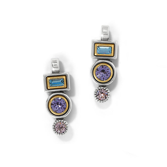 Brighton drop earrings with blue, purple, and pink crystals in two-tone geometric settings on a white background