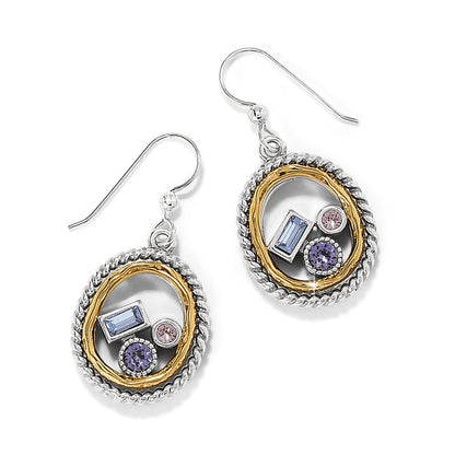 Brighton drop earrings with two-tone oval frames and blue, pink, and purple crystals on a white background