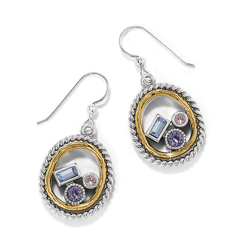 Brighton drop earrings with two-tone oval frames and blue, pink, and purple crystals on a white background
