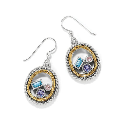 Brighton drop earrings with silver rope-edged ovals, gold accents, and blue, pink, and purple crystals on a white background