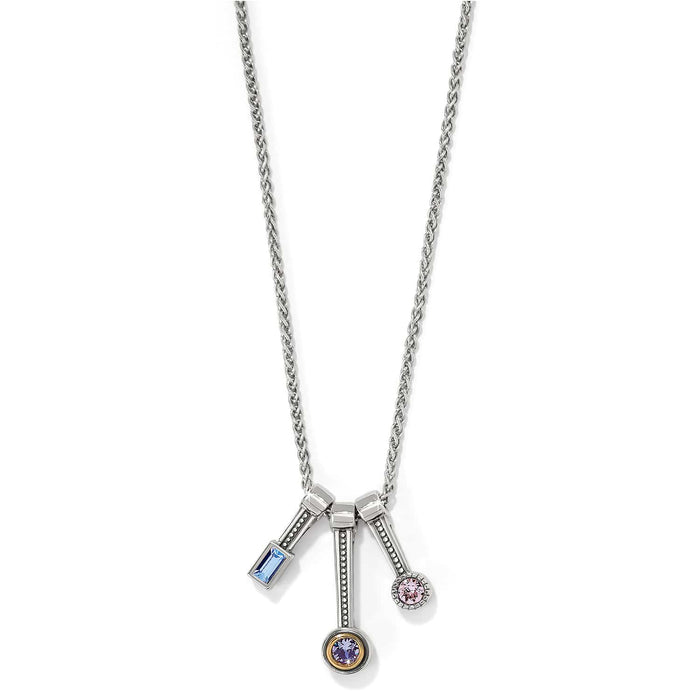 Brighton pendant necklace with blue, purple, and pink crystal charms in two-tone finish on a white background